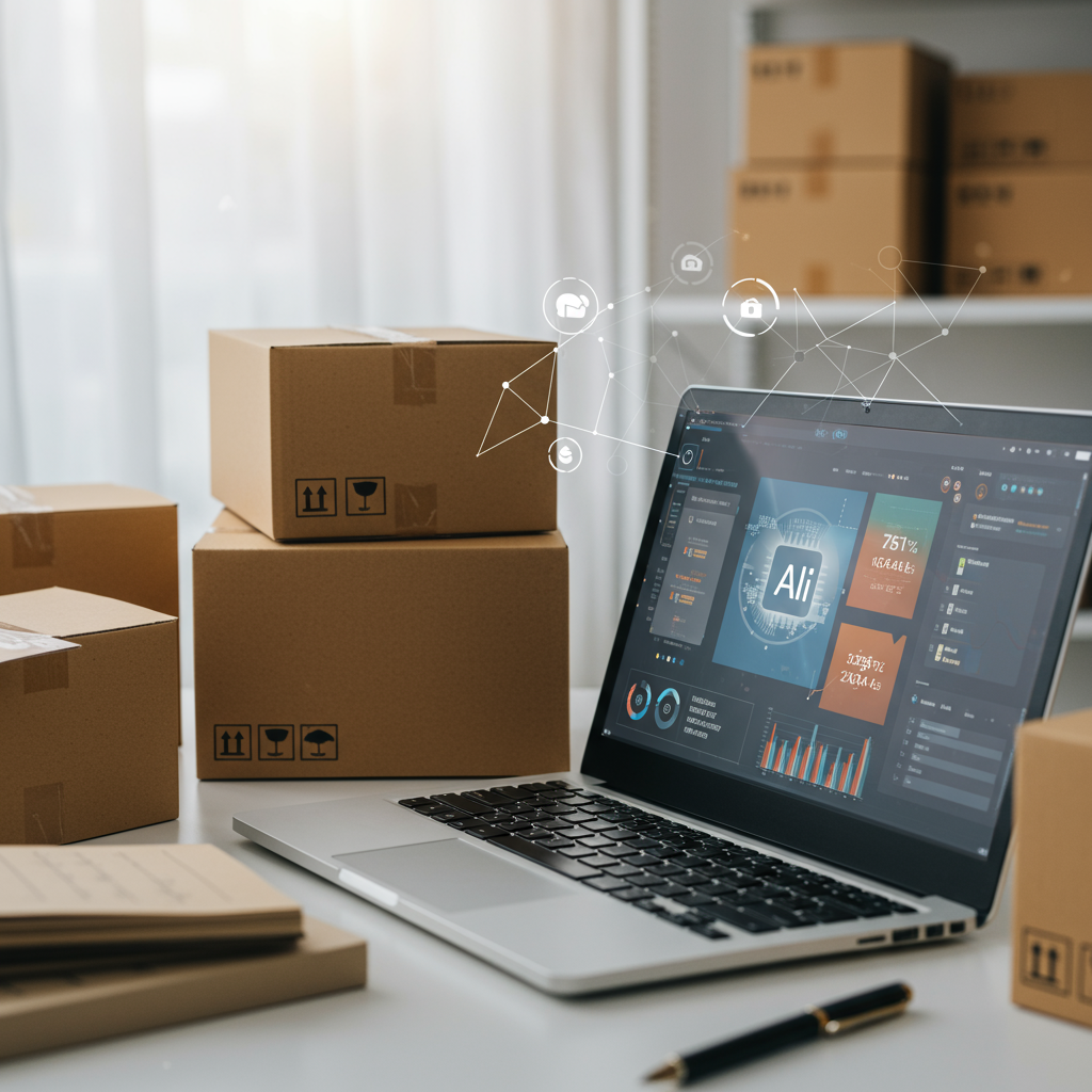 Modern small business workspace with laptop showing inventory management software, surrounded by stock items and digital AI elements symbolising AI automation for SMEs