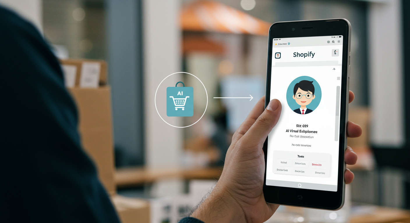 Shopify store owner installing an AI virtual employee app from the Shopify App Store, seamless integration with Shopify dashboard, no-code automation, modern e-commerce environment