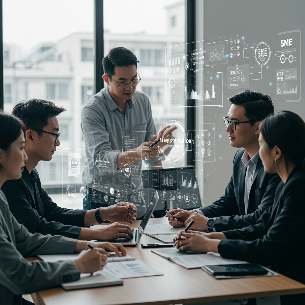 A team of SME employees collaborating around a table with digital screens showing no-code AI automation workflows, charts, and data integration, highlighting teamwork and training in a bright office environment