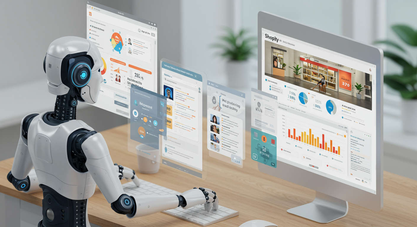 AI virtual employee working autonomously on a computer, researching keywords, writing SEO blog posts, and publishing content on Shopify store, with visual elements representing SEO growth and customer engagement