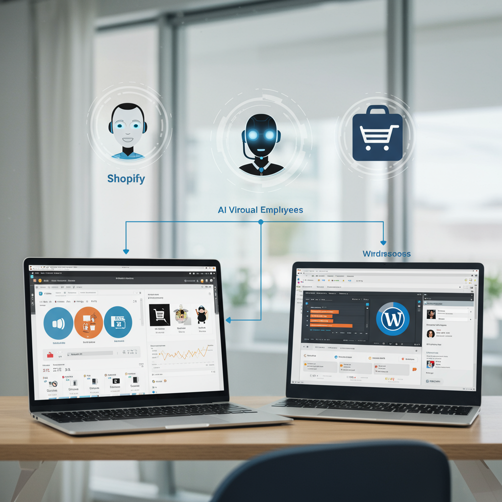 Integration of AI virtual employees with Shopify and WordPress platforms showing seamless automation of e-commerce and content management for small businesses and startups.