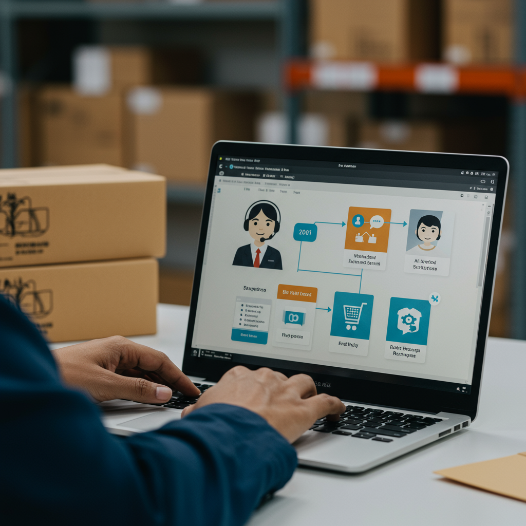 An SME owner integrating AI customer service agents with Shopify and WordPress on a laptop, showing seamless connection and automation of order tracking and FAQs
