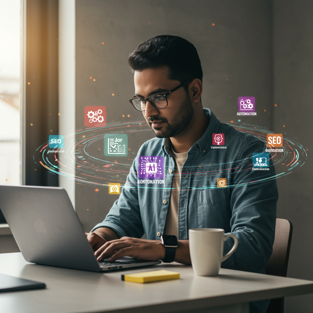 A small or medium-sized business owner working on content creation using AI tools on a laptop, surrounded by digital icons representing SEO, automation, and marketing.
