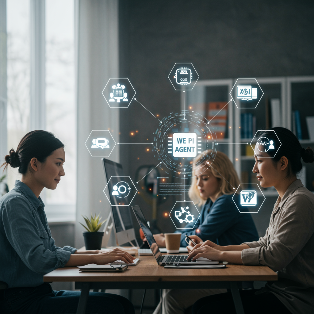 Diverse small business team using AI-powered workflow automation tools on computers with icons of Shopify, WordPress, and digital marketing around them, symbolising seamless no-code AI integration for SMEs.