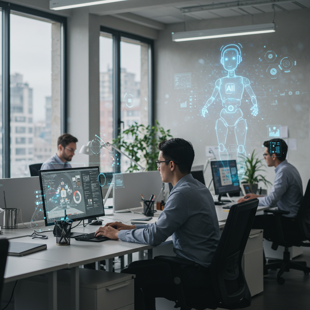 A busy SME office with employees working efficiently alongside AI virtual assistants represented by futuristic holograms, highlighting time and cost savings through AI automation