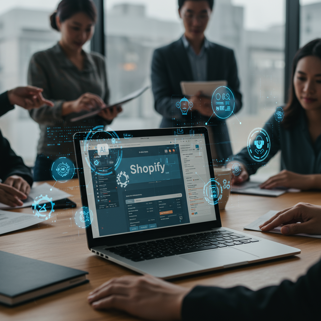 Modern e-commerce workspace with laptop displaying Shopify dashboard, AI automation icons, and diverse SME owners collaborating, symbolising AI integration and automation in online sales and customer service.