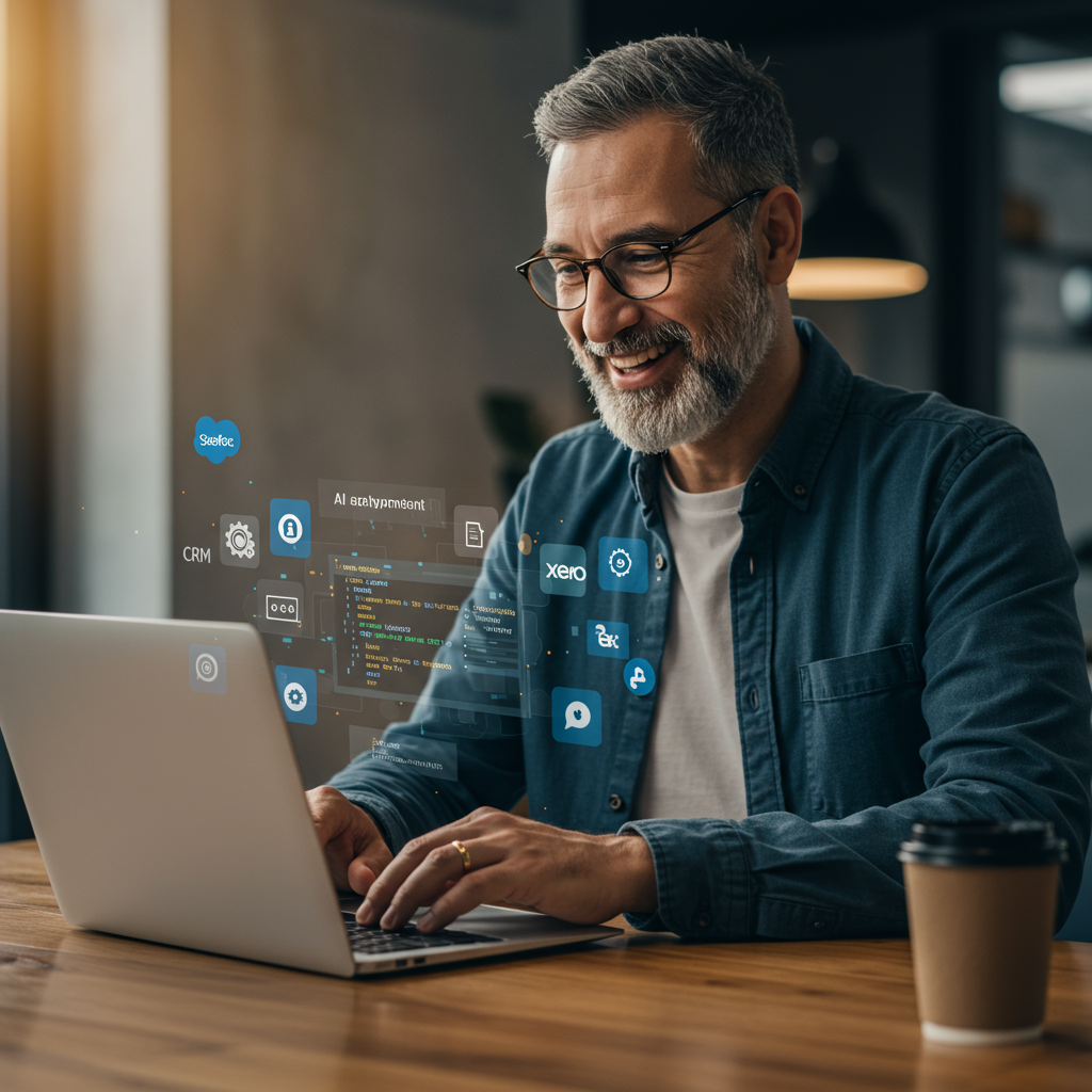 A small business owner happily setting up AI agents on a laptop, with icons representing CRM and invoicing platforms in the background, symbolising easy integration and onboarding.