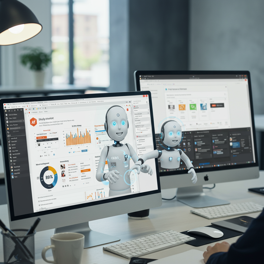 Shopify and WordPress platforms on computer screens with AI virtual employee integration, showing e-commerce store dashboards and AI chatbot interactions, bright and professional environment