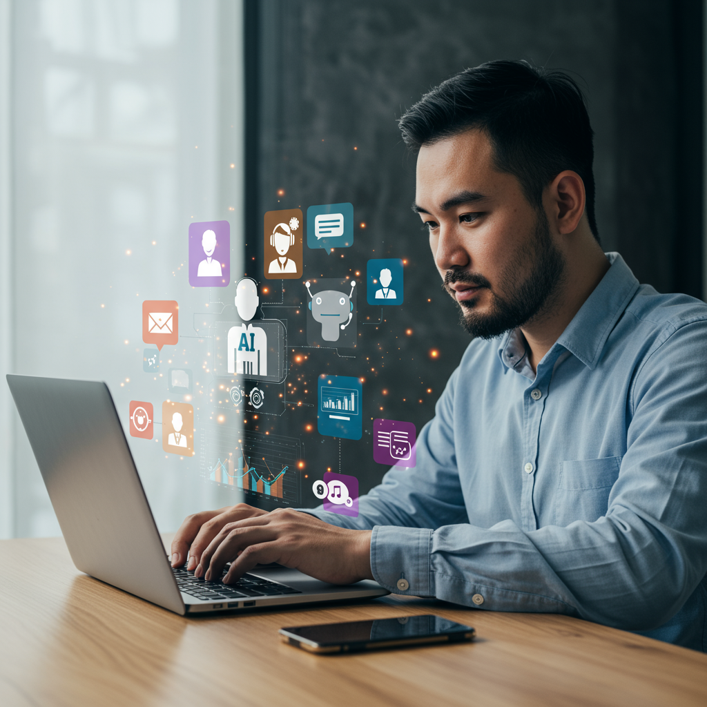 Small business owner using AI virtual employees with no-code AI automation tools for marketing tasks in a modern office setting