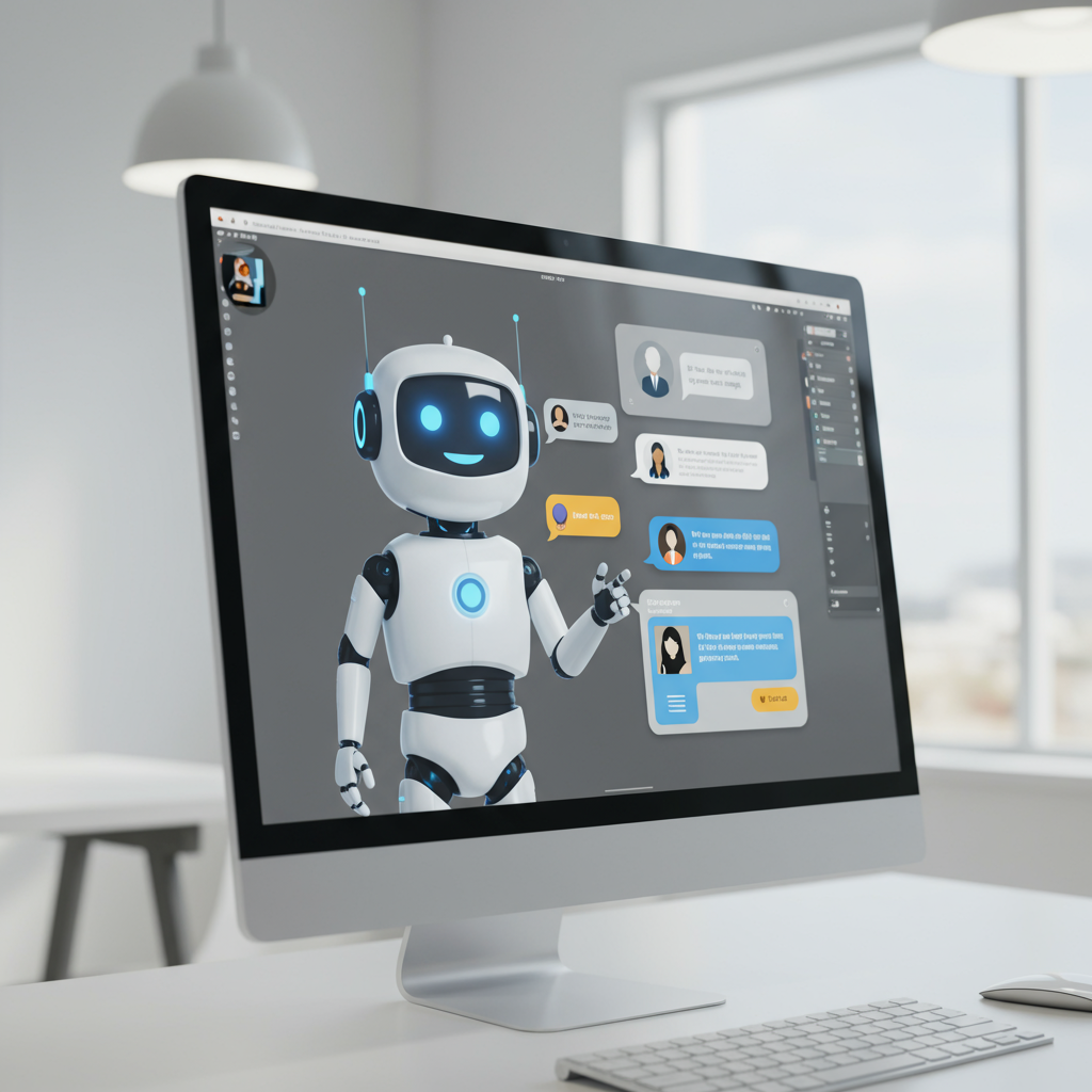A friendly AI chatbot interacting with customers on a computer screen in a modern office setting, representing automated customer service workflows for SMEs