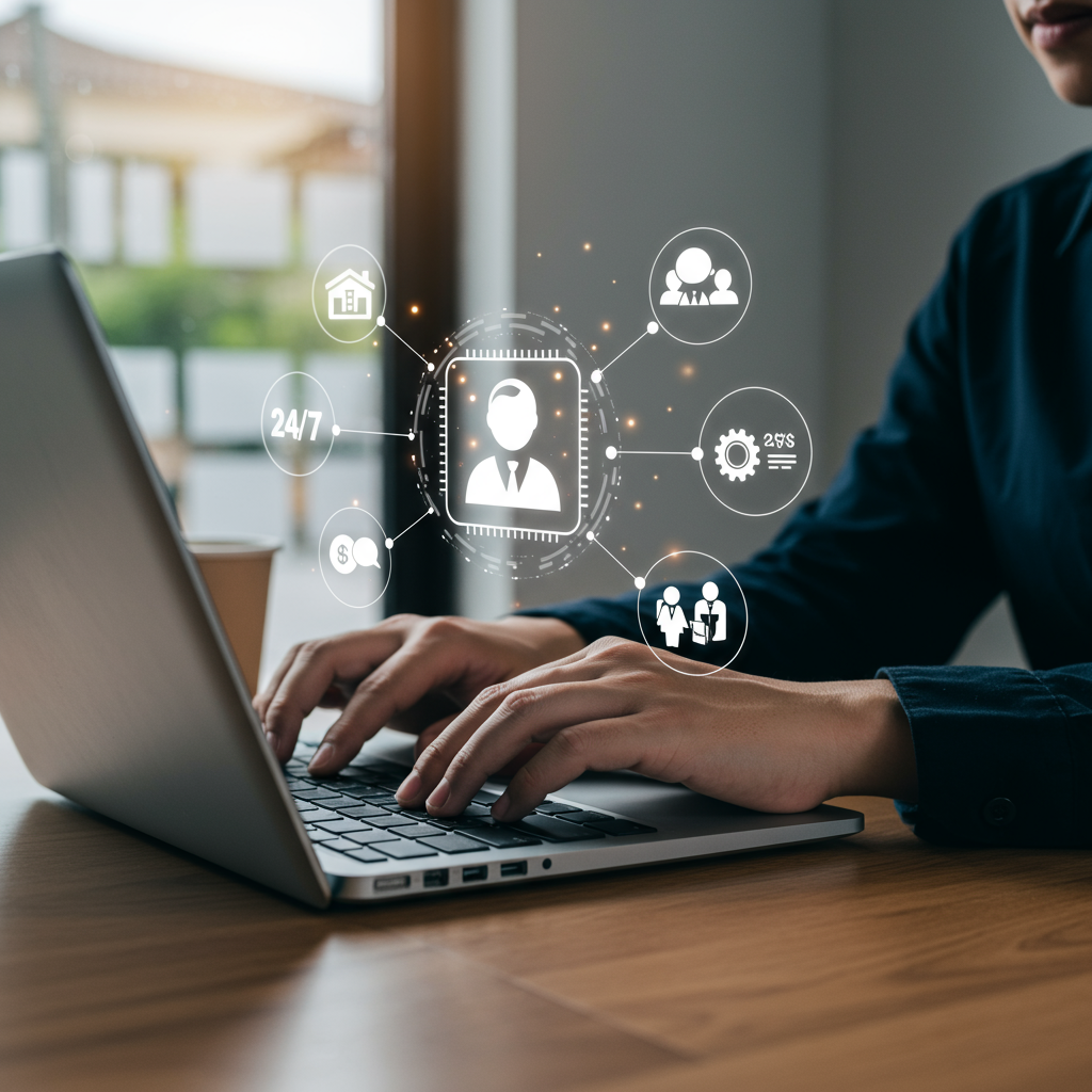 A small business owner using AI virtual employee on a laptop to automate customer service, with icons representing 24/7 support, cost savings, and happy customers in a modern office setting