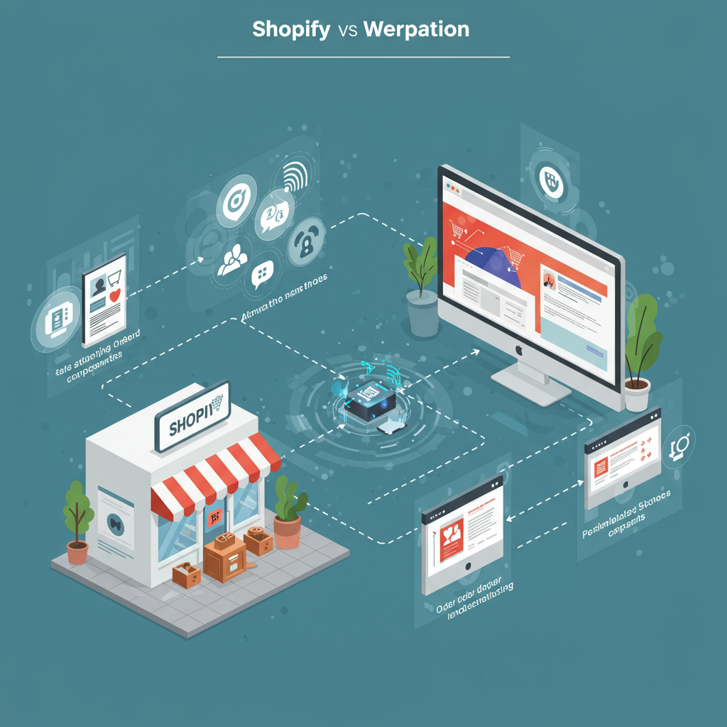 Concept of Shopify and WordPress integration with AI automation for seamless e-commerce and website marketing in a small business environment