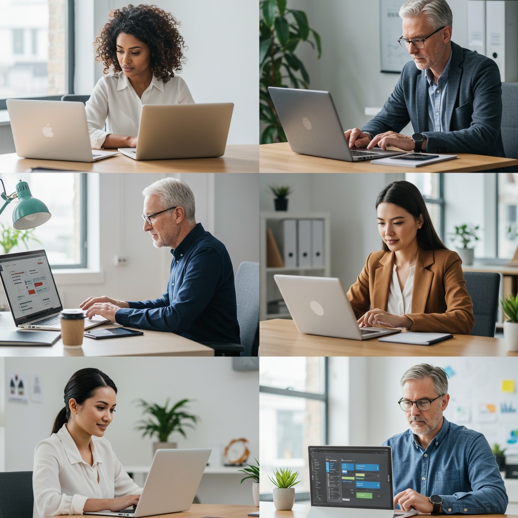 Comparison of popular no-code workflow automation tools for SMEs, showing diverse business users interacting with different platforms like Zapier, Cflow, Nected, and RunMyJobs in a modern office setting