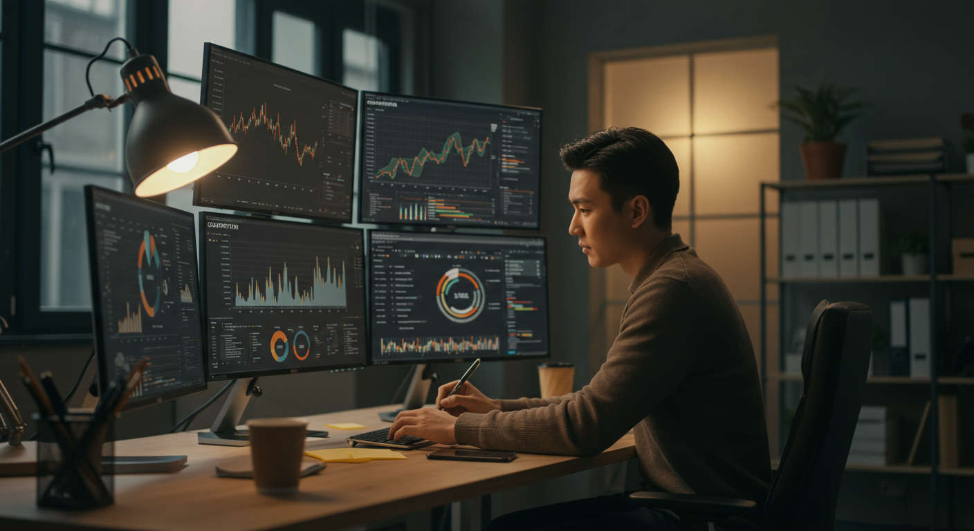 Small business owner analysing competitor data on multiple screens with charts and graphs, modern office setting, digital marketing concept