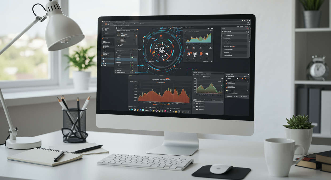 AI-powered SEO content creation on a computer screen, keywords and blog posts visualised, growth and analytics charts, modern office environment