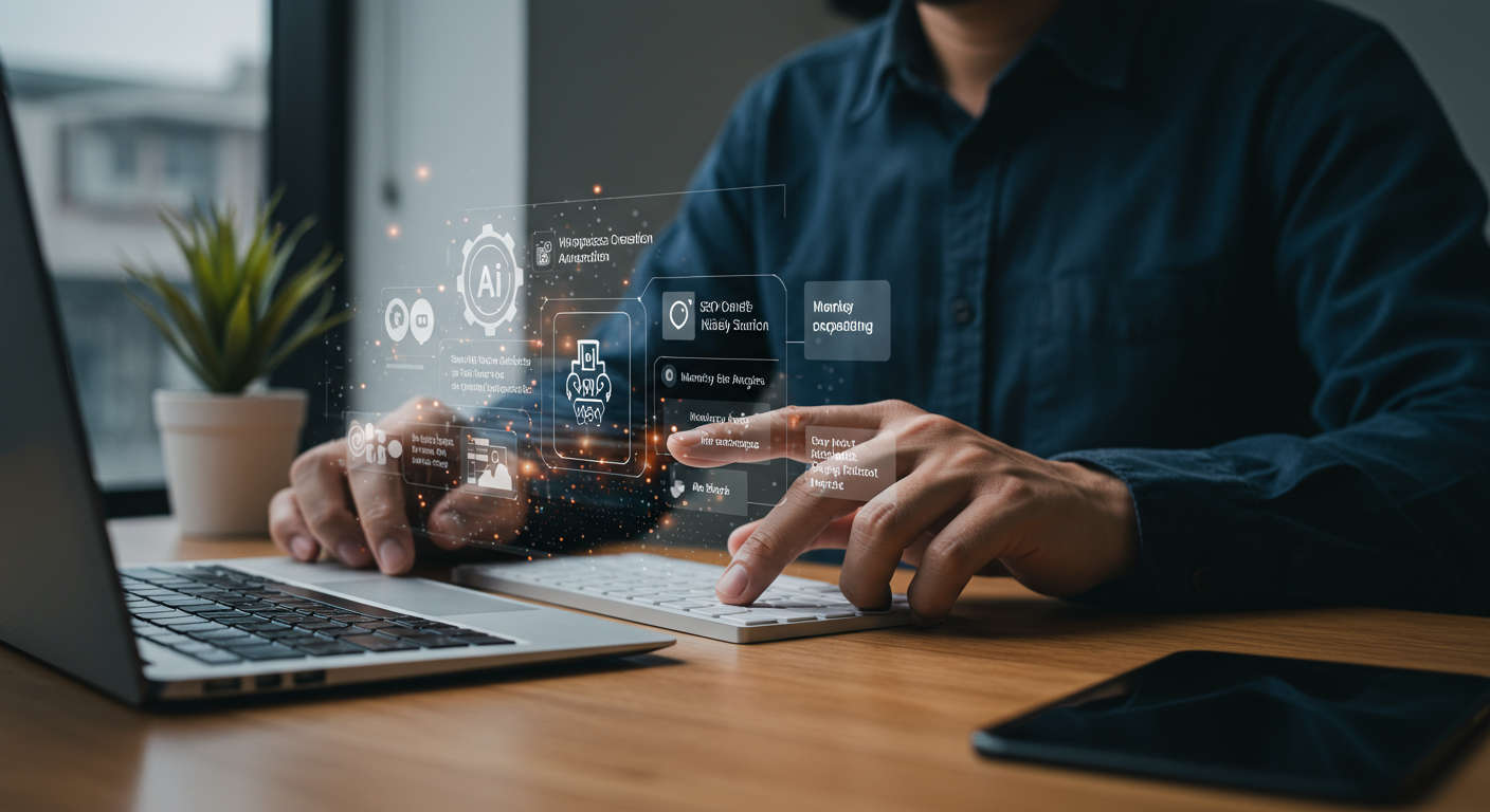 Small business owner using AI automation on WordPress and Shopify, with digital interface showing SEO content creation, inventory management, and marketing tasks, modern office setting