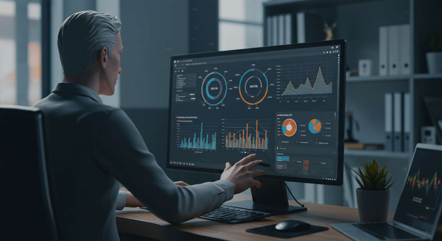 AI virtual employee analysing marketing ROI data on Shopify with graphs and charts highlighting campaign optimisation and ad spend analysis