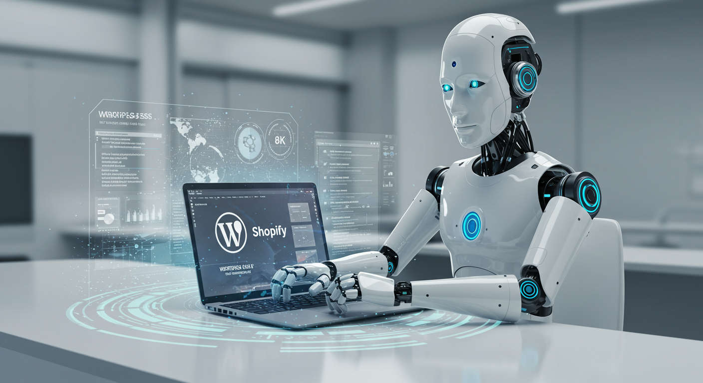 AI virtual employee working autonomously on a laptop with WordPress and Shopify logos, futuristic technology theme, small business marketing automation
