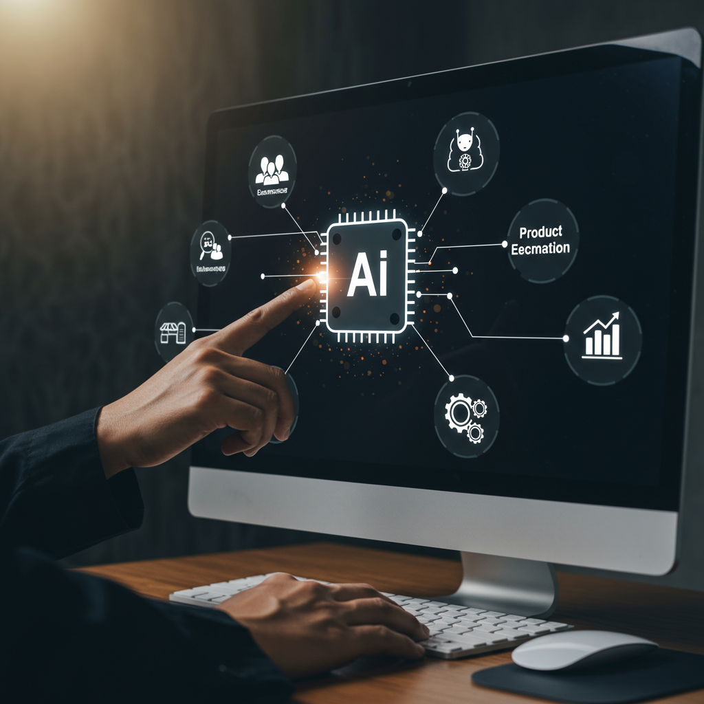 A small business owner selecting an AI agent for their e-commerce store, showing various AI tools and platforms on a computer screen, with icons representing customer service automation, product recommendation, and inventory management