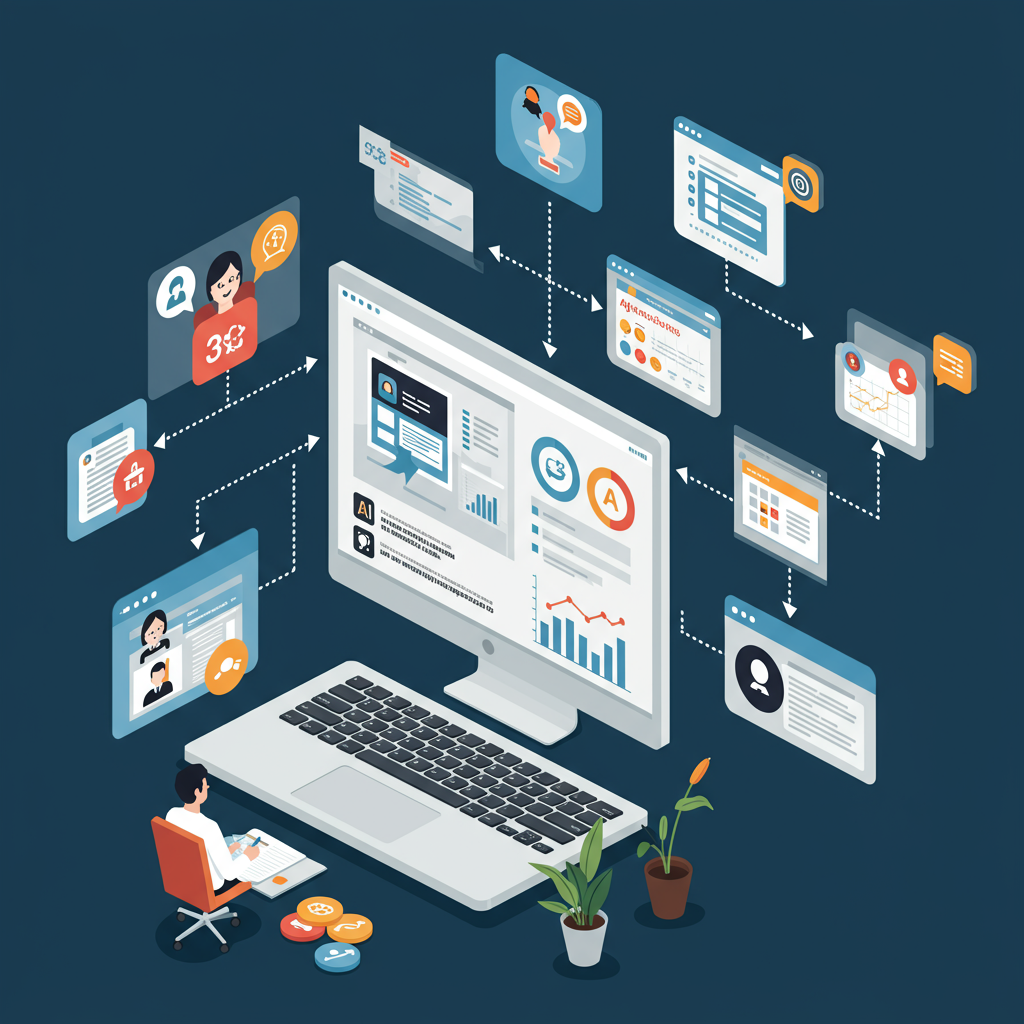 An automated workflow system in a small business setting, illustrating AI-driven automation with marketing campaign management, customer segmentation, and communication tasks being handled digitally