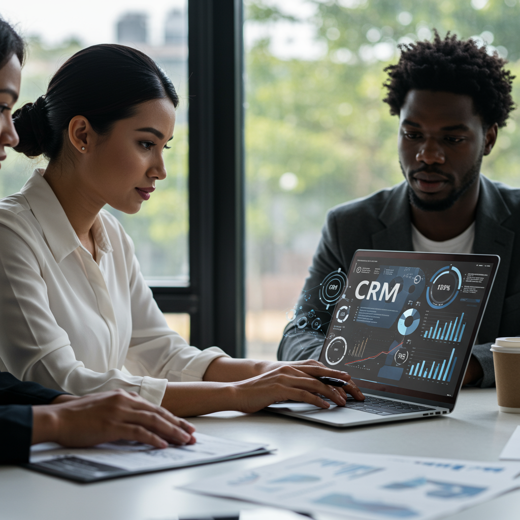 Business team collaborating with CRM dashboards and AI automation workflows to improve efficiency and customer relationship management