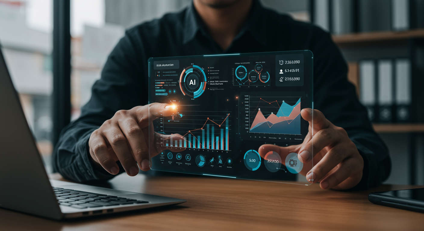 Small business owner analysing AI automation ROI on a digital dashboard, showing graphs and metrics related to cost savings, revenue growth, productivity, and customer satisfaction, modern office setting