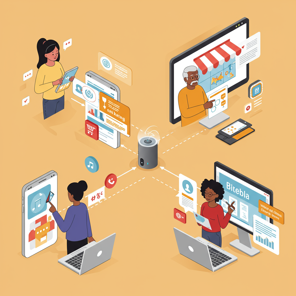 A dynamic personalised customer journey map with diverse customers interacting with AI-driven marketing content on various devices, highlighting engagement and conversion