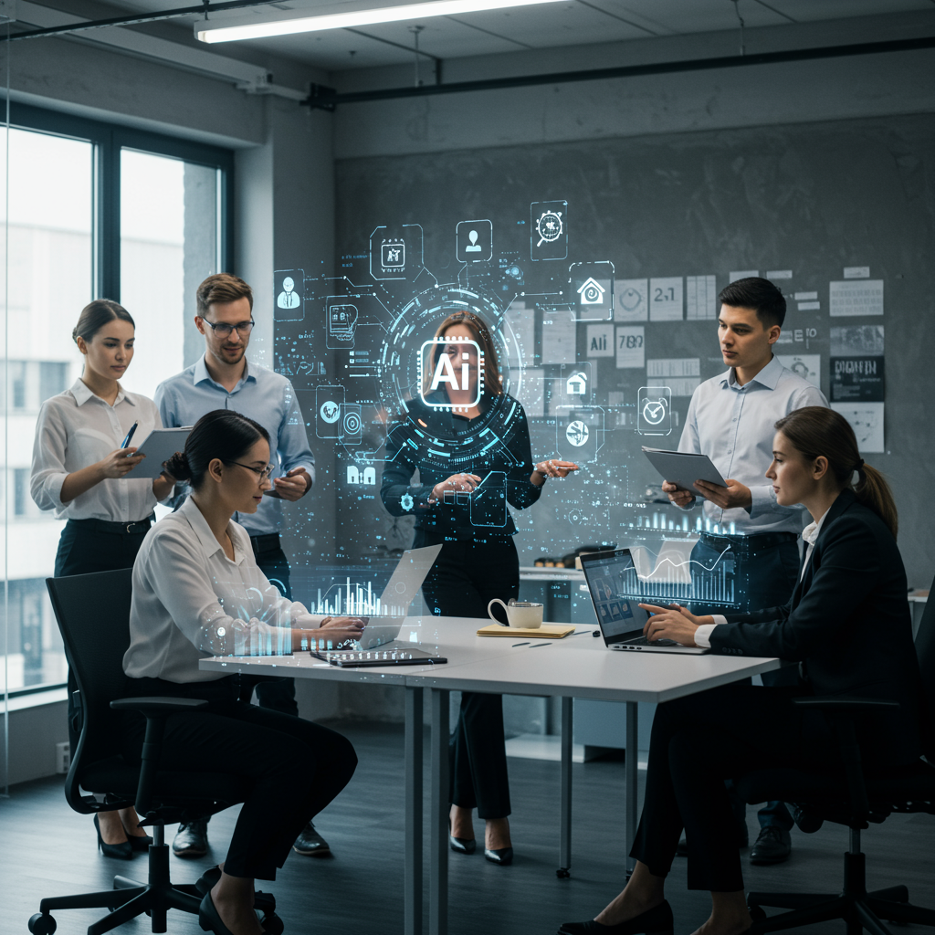 Diverse group of SME professionals collaborating with AI technology on compliance automation in a modern office setting