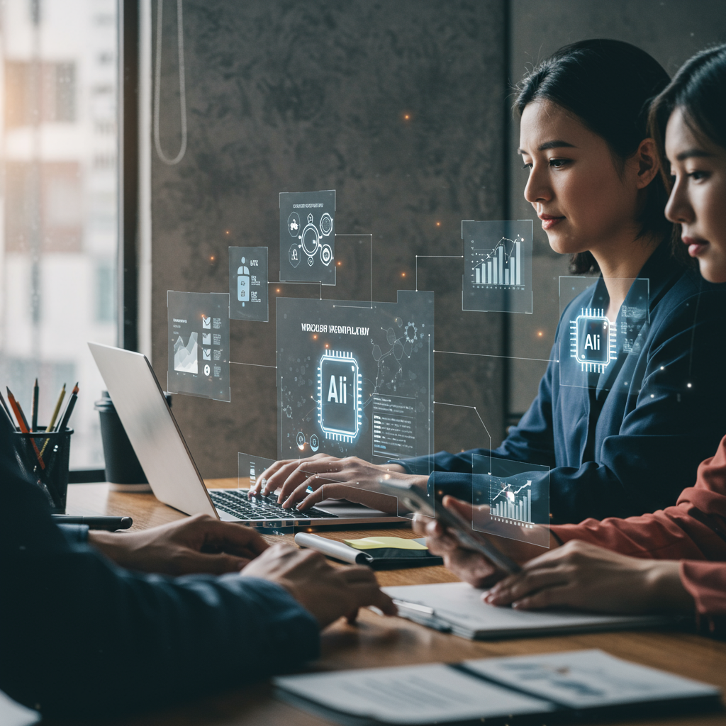 Diverse team using no-code AI tools on laptops and tablets with digital overlays of workflow automation and real-time compliance tracking