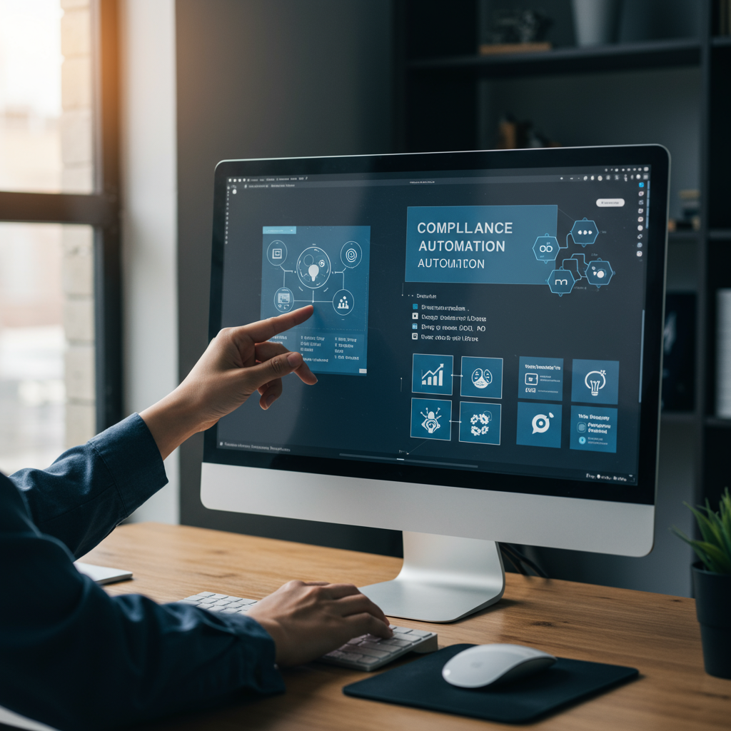 A user-friendly no-code AI workflow interface with drag-and-drop features, showing an SME owner setting up compliance automation tasks on a computer screen, highlighting ease of use and integration with existing business operations