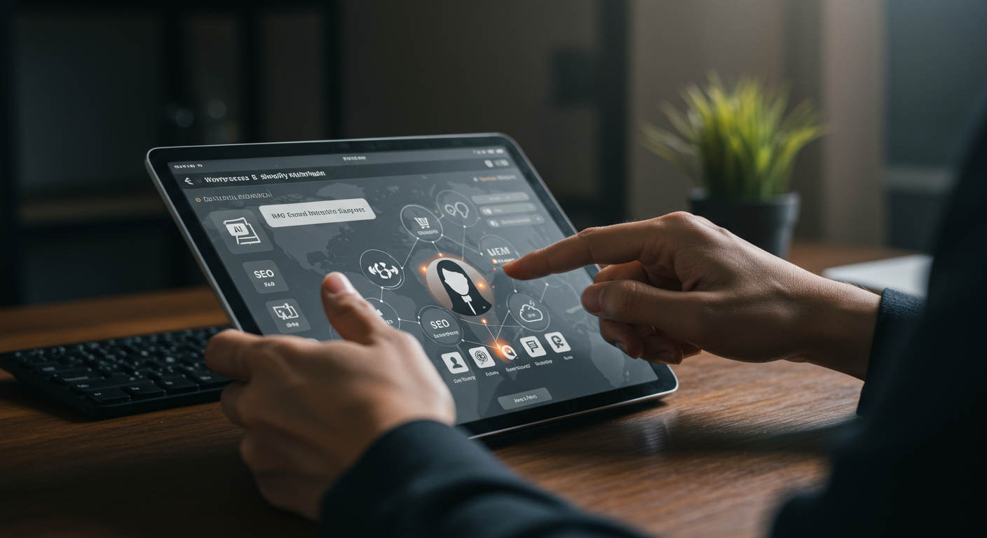 A small business owner using a WordPress and Shopify plugin dashboard on a tablet, showing easy no-code customisation options for AI virtual employees, with icons for SEO, lead generation, inventory, and customer support