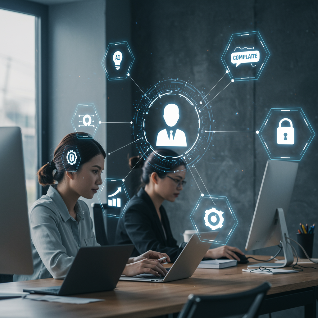 Small business team working with AI virtual employees on computers with digital compliance and automation icons representing compliance automation for SMEs