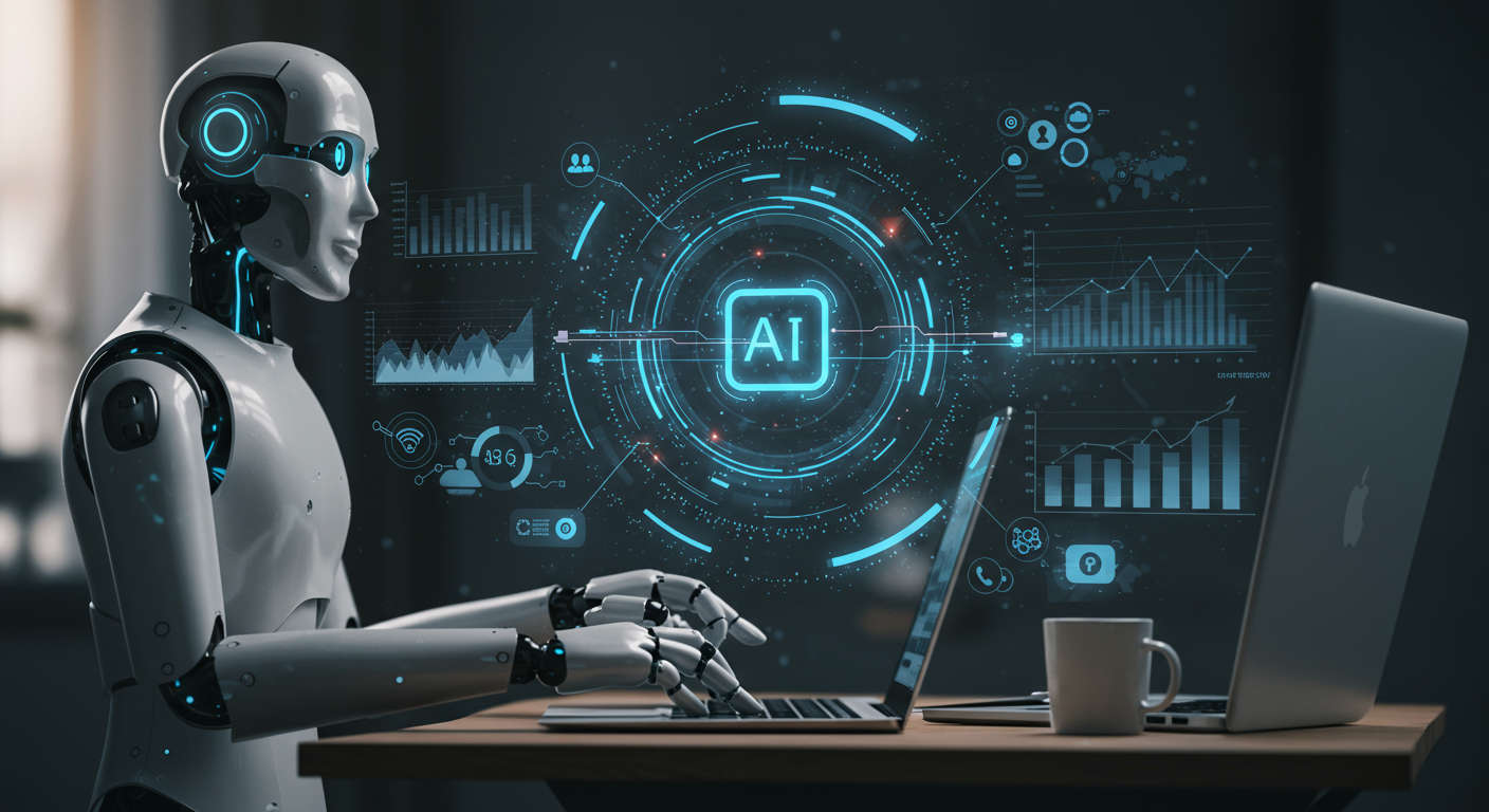 AI virtual employee working autonomously on SEO content creation and lead generation for a small business, with digital marketing elements and growth charts