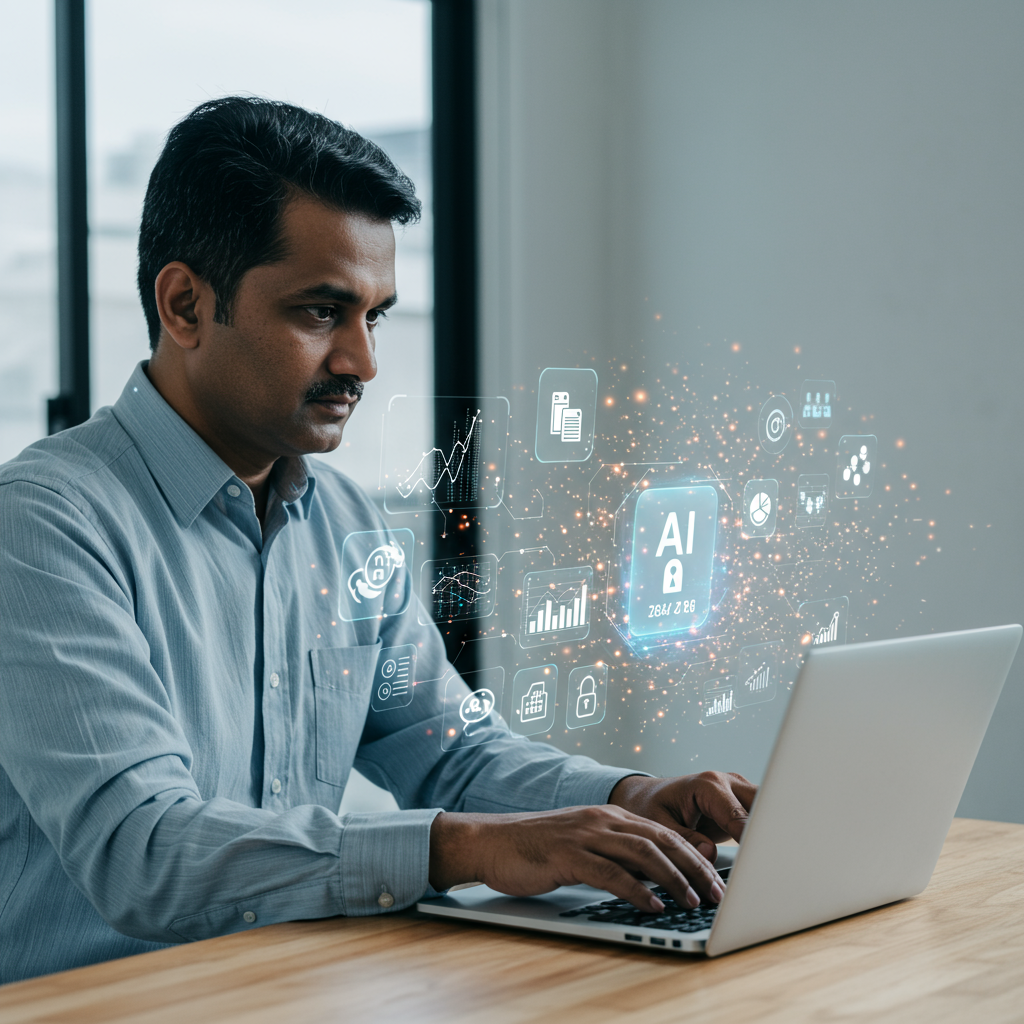 A small business owner using AI compliance automation software on a laptop, surrounded by icons representing real-time monitoring, predictive analytics, and regulatory documents, in a modern office setting
