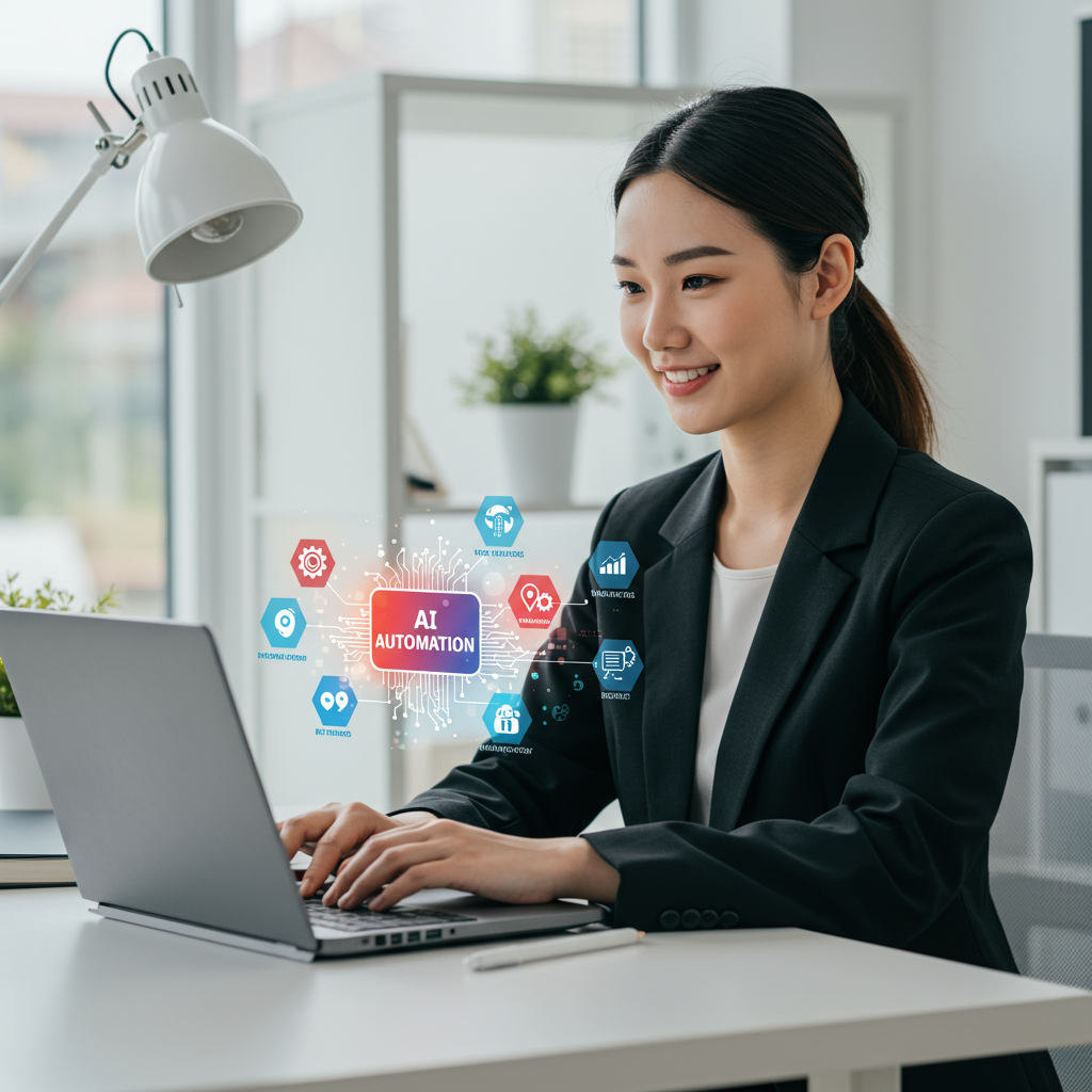 A small business owner using a laptop with AI automation software on screen, surrounded by icons representing no-code tools, workflow automation, and efficiency, in a modern office setting