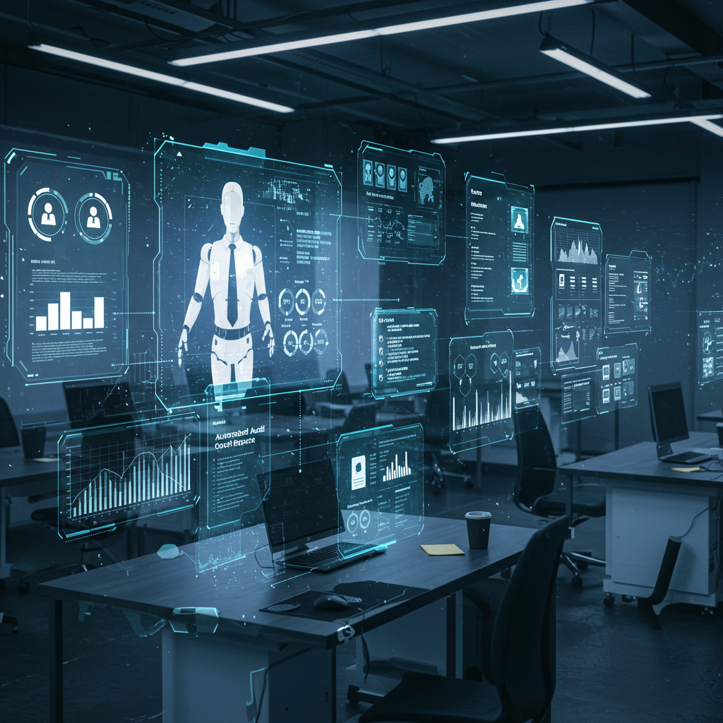 AI virtual employee monitoring regulatory updates on multiple digital screens, with automated audit reports and compliance checklists, futuristic technology environment