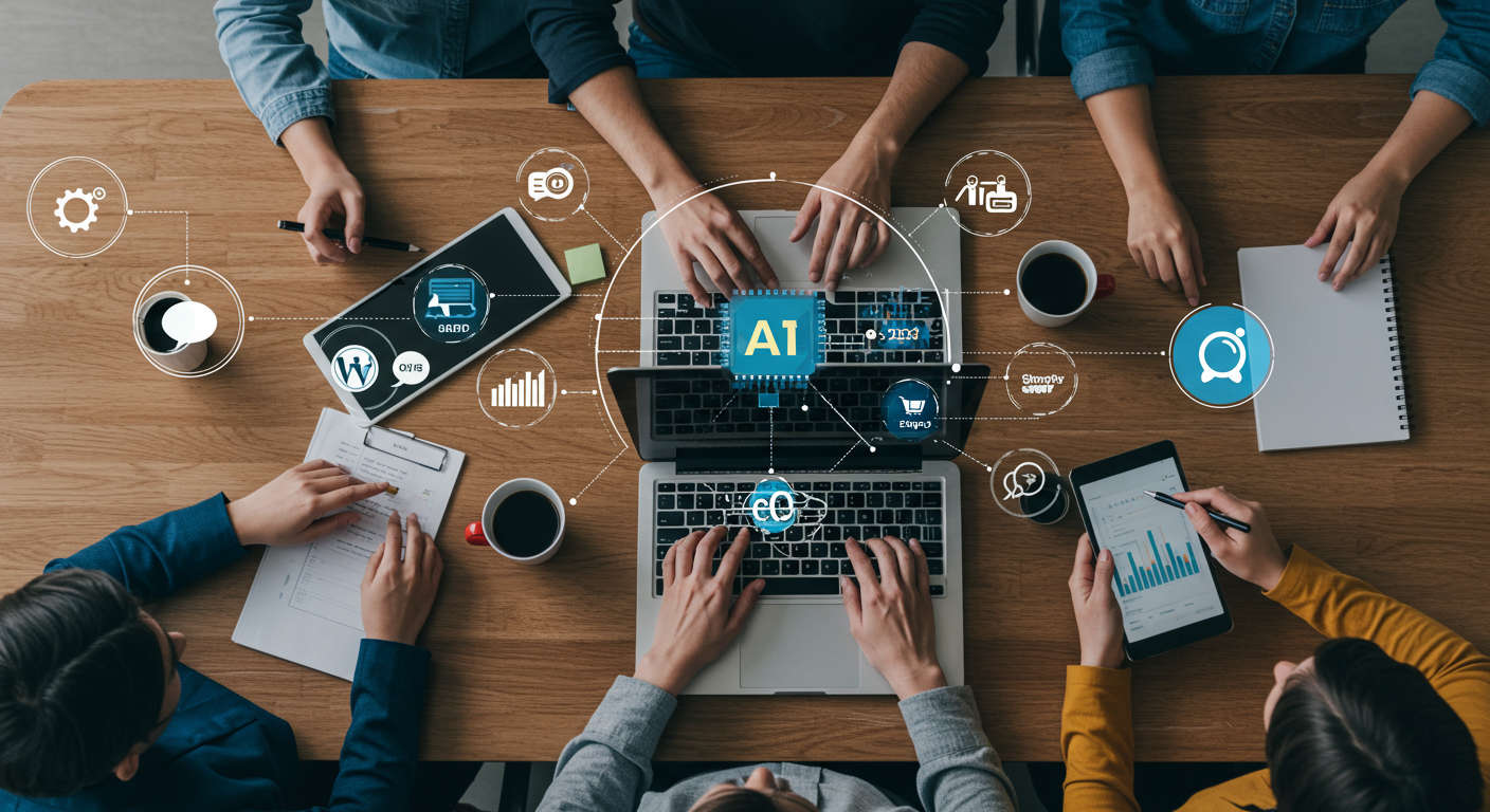 Diverse small business team using laptops with AI and marketing icons, WordPress and Shopify logos in the background representing AI-powered marketing funnels for SMBs