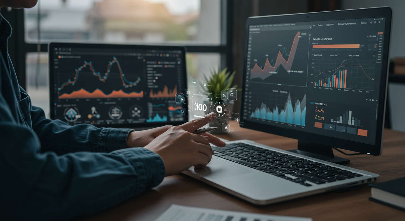 Small business owner using AI automation on WordPress and Shopify plugins with a digital marketing dashboard showing lead generation and organic traffic growth in a vibrant modern workspace