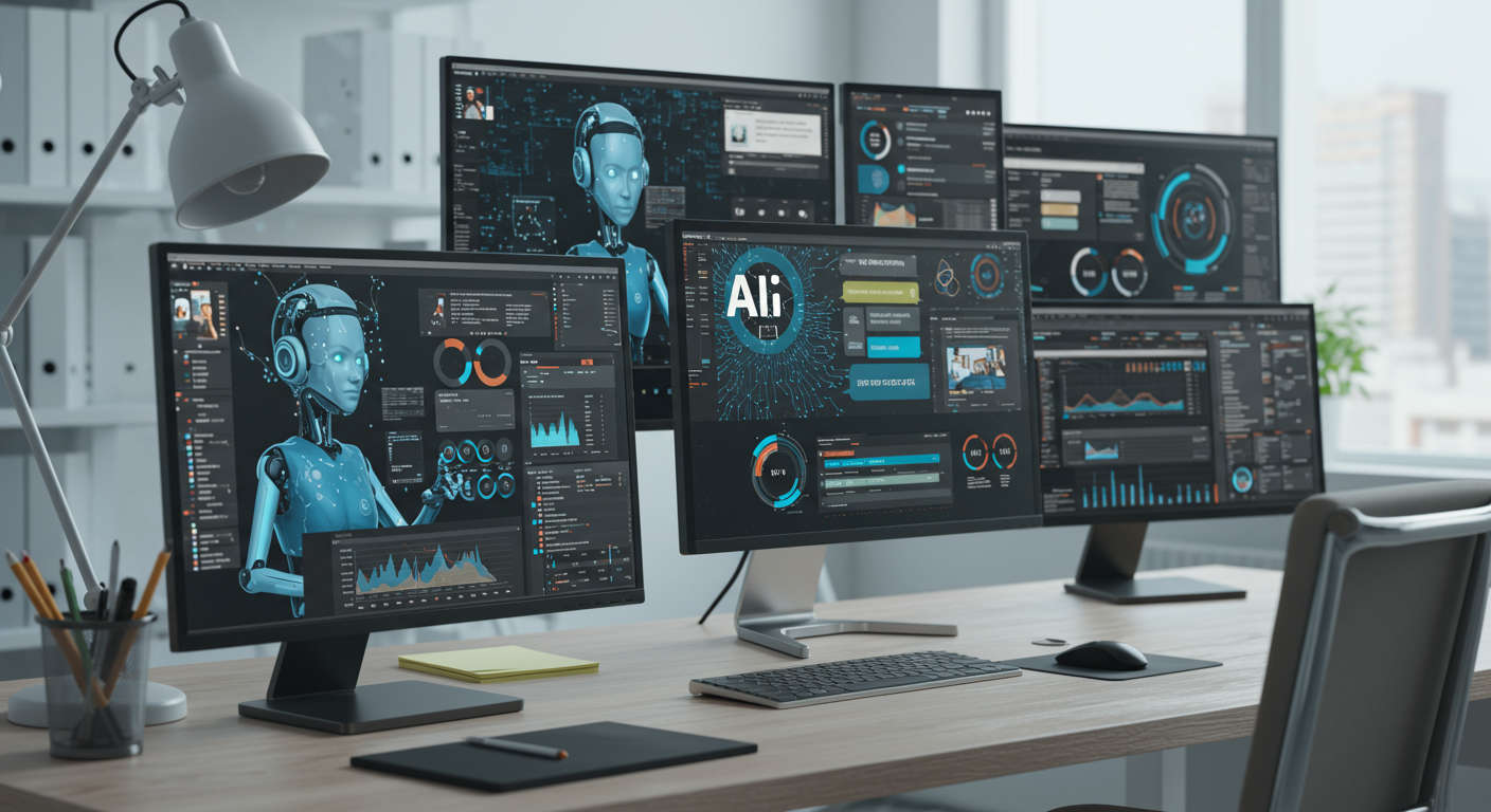 AI agents automating multiple daily tasks like content creation, SEO optimisation, customer support, and sales automation on computer screens, vibrant workspace