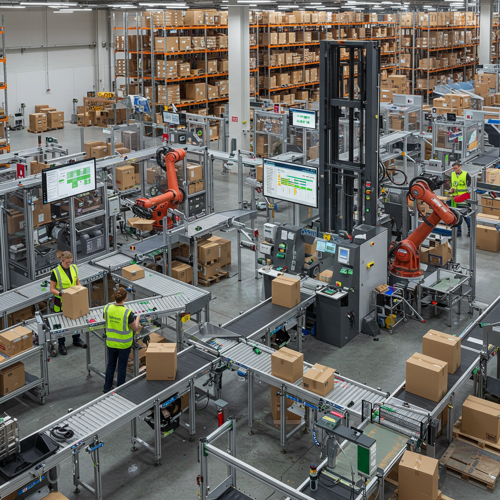 E-commerce warehouse with automated inventory system, barcode scanning, real-time stock monitoring on screens, busy small business environment