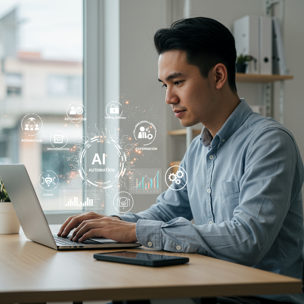 A small business owner using AI content automation tools on a laptop, with digital icons representing automation, content creation, and marketing workflow around them, modern office setting