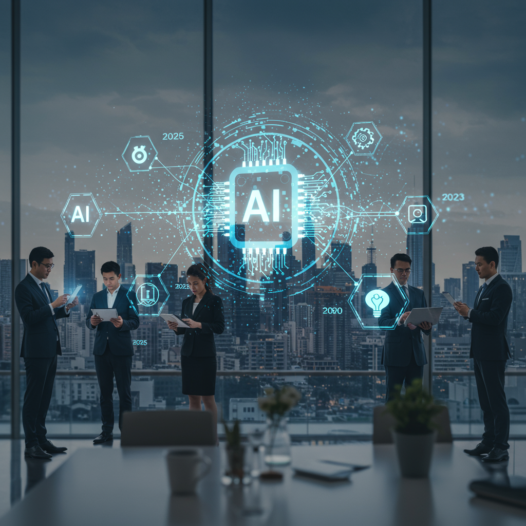 Futuristic cityscape with digital AI elements and diverse people interacting with AI technology representing AI market growth and advancement from 2025 to 2030