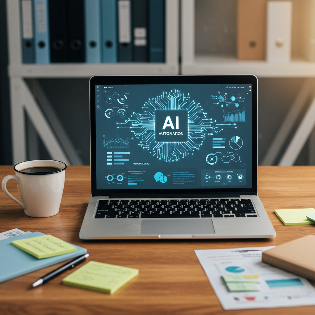 Modern office workspace with laptop showing AI content automation software, notes, and coffee, representing SME content creation and automation.