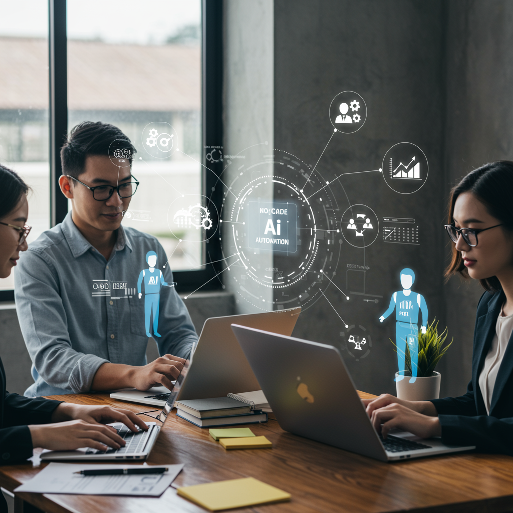 Diverse small business owners collaborating with AI virtual employees using no-code AI automation tools to boost efficiency and ROI