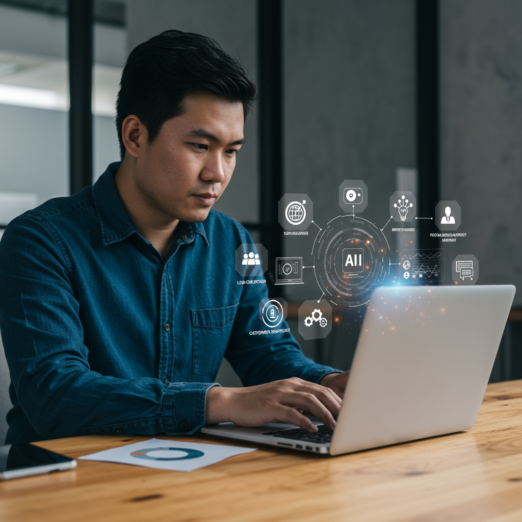 A small business owner using no-code AI automation tools on a laptop, with icons representing lead generation, customer support, and personalised marketing around them, modern and professional style