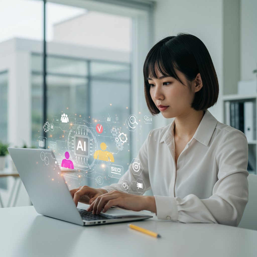 A small business owner using AI virtual employees on a laptop, with digital marketing icons around, showing automation and SEO tasks, modern office background