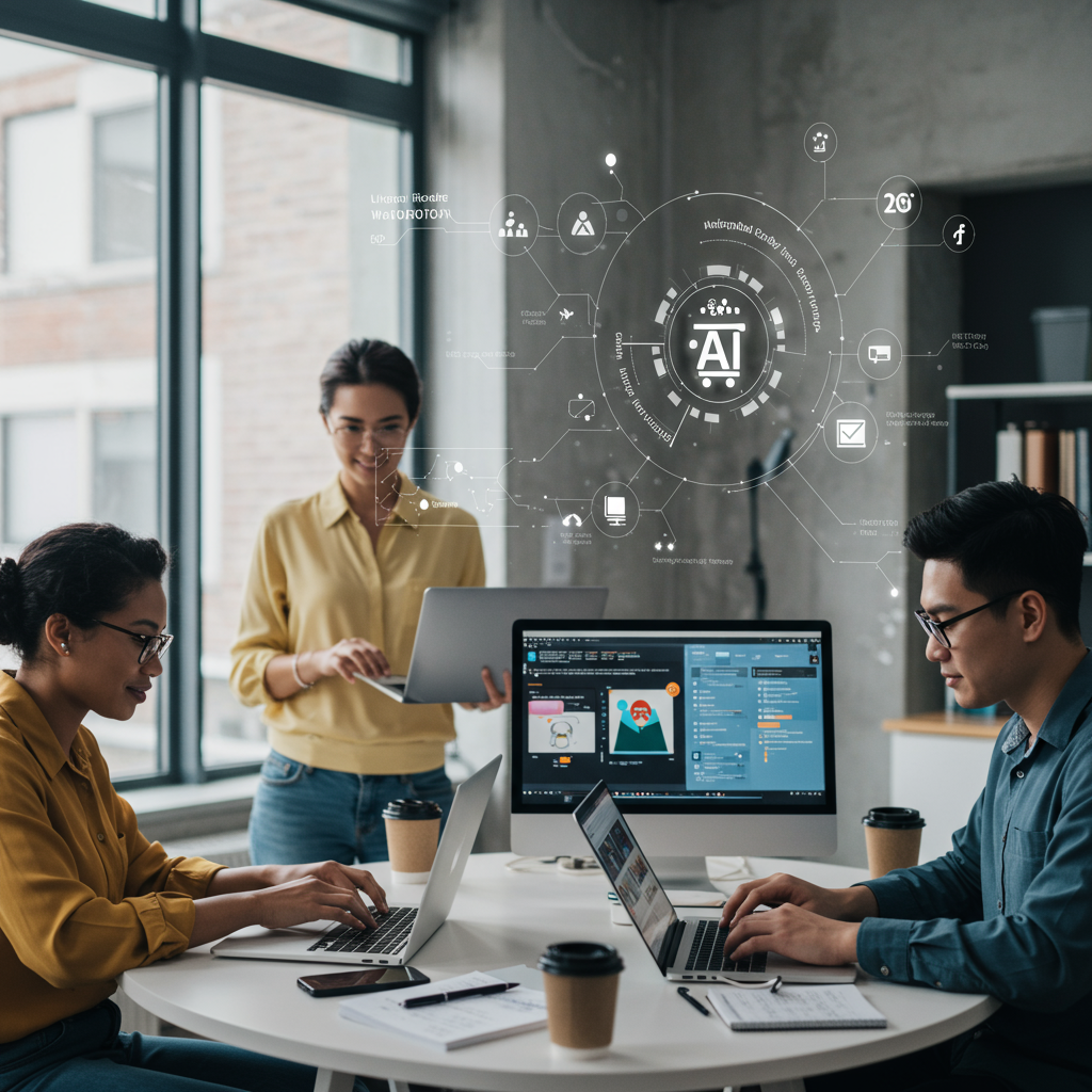 Diverse small business team working with AI virtual employees on laptops, illustrating Shopify and WordPress automation integration in a modern office setting