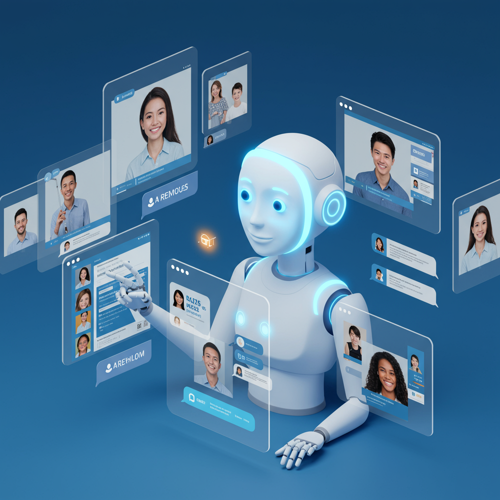 An AI virtual employee interacting with customers online, handling FAQs and order processing, with a friendly chatbot interface and happy customers on screens