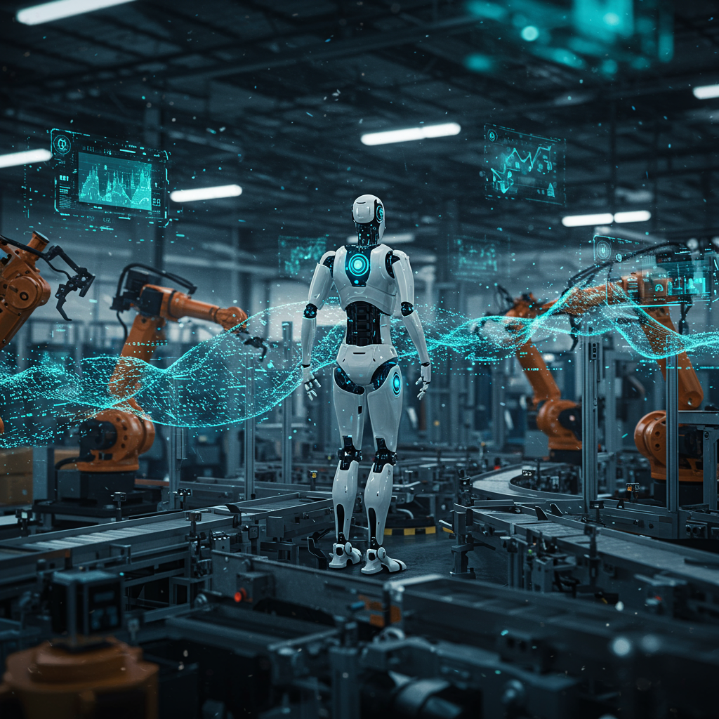 A futuristic robot autonomously managing tasks in an industrial setting, showcasing AI perception, decision-making, and adaptive learning capabilities with a dynamic background of data streams and robotic arms