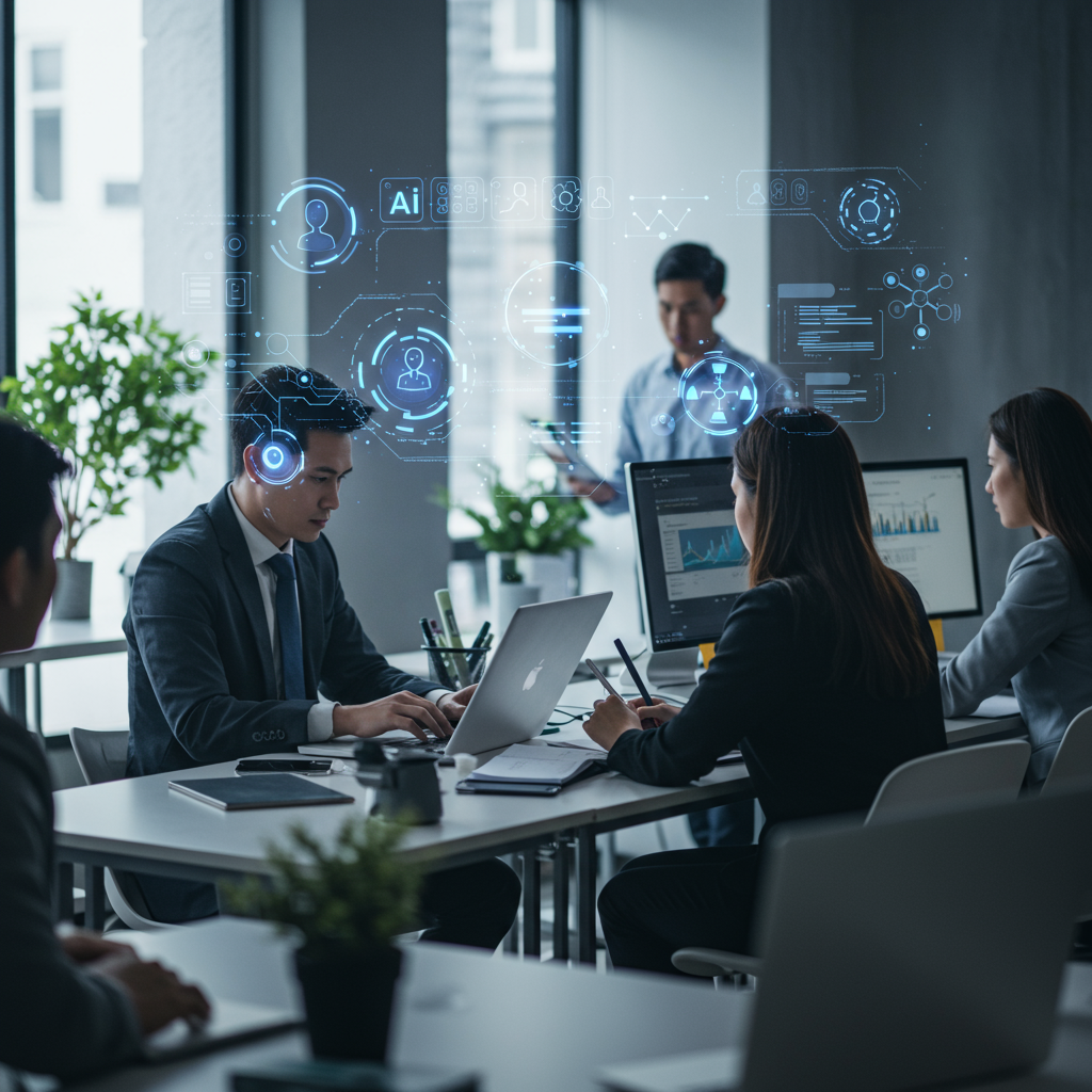 A busy small business environment showing AI virtual employees working alongside human staff, automating routine tasks such as order processing and customer follow-ups, with a focus on efficiency and teamwork